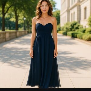 Lauren Ralph‎ Lauren Evening Gown 4 Navy Blue Maxi Strapless Chiffon Ruched Prom